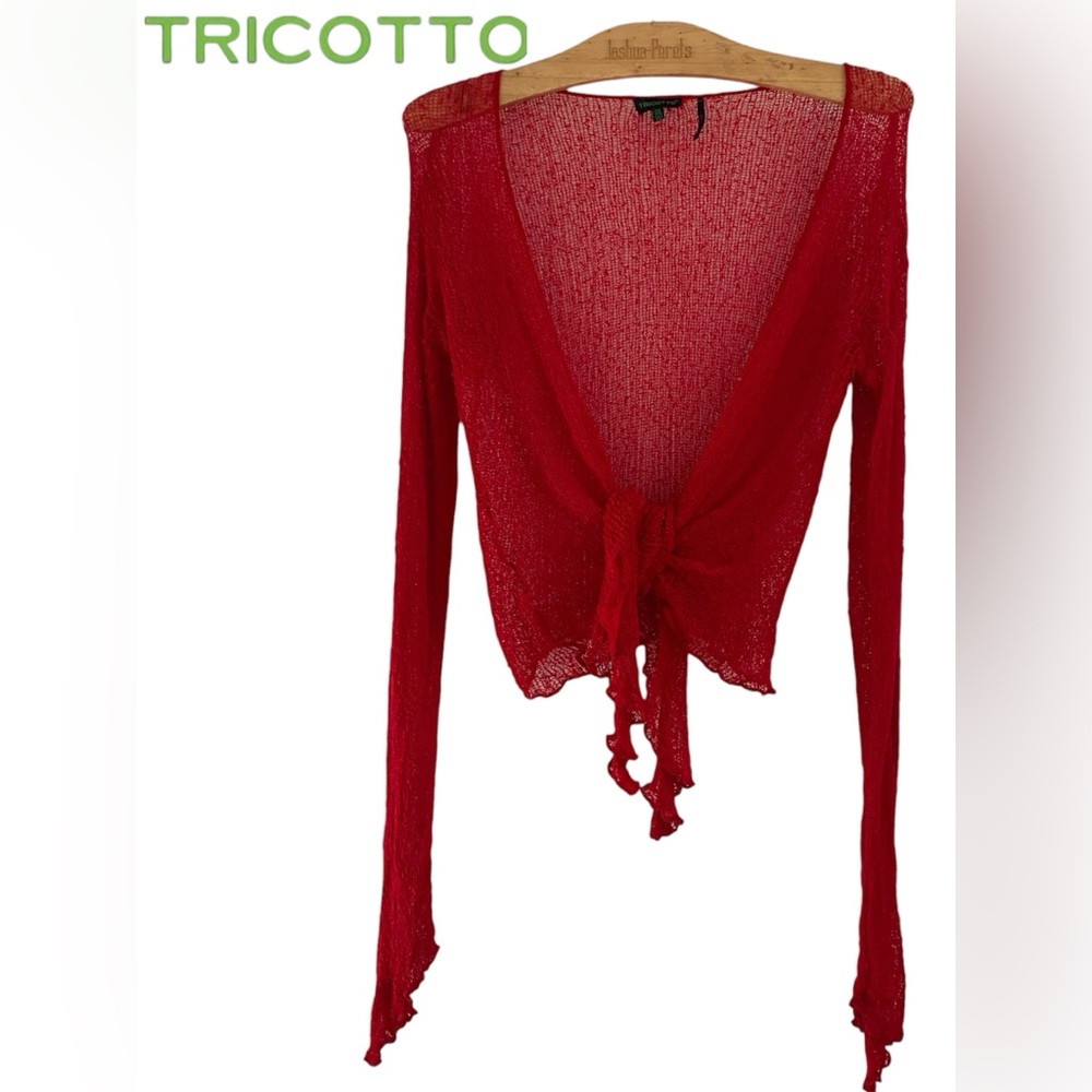 🌺TRICOTTO Red Sheer Knit Tie-Front Top